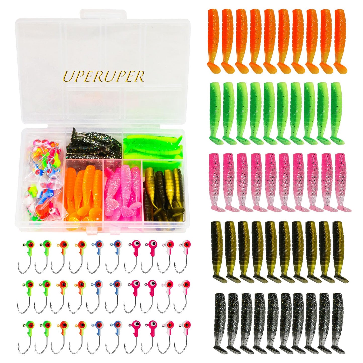 UperUper 65Pcs Crappie Jigs Lure kit 2 inch Crappie Bait with Fishing Jig Heads Hooks for Saltwater Freshwater Bass Trout