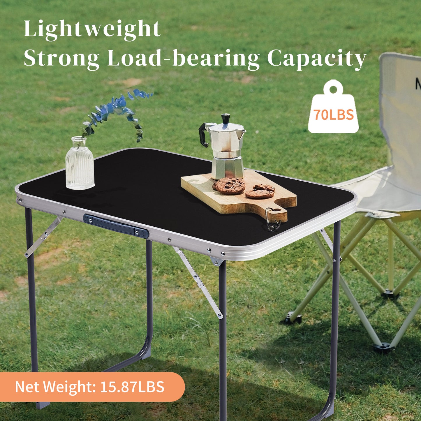 2.3ft Black Outdoor Folding Table Aluminum Alloy Rectangular 50kg Folding Tabletop
