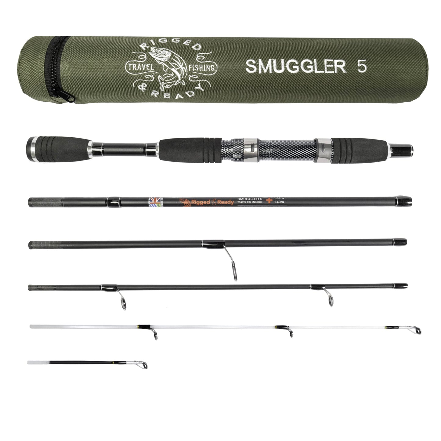 Rigged and Ready Smuggler 5 Travel Fishing Rod & Case. Compact Medium-Short Length 5.25’ (160cm) Rod with 2 Tips for Spin and General Fishing. for Fish up to 6lbs (3kg)
