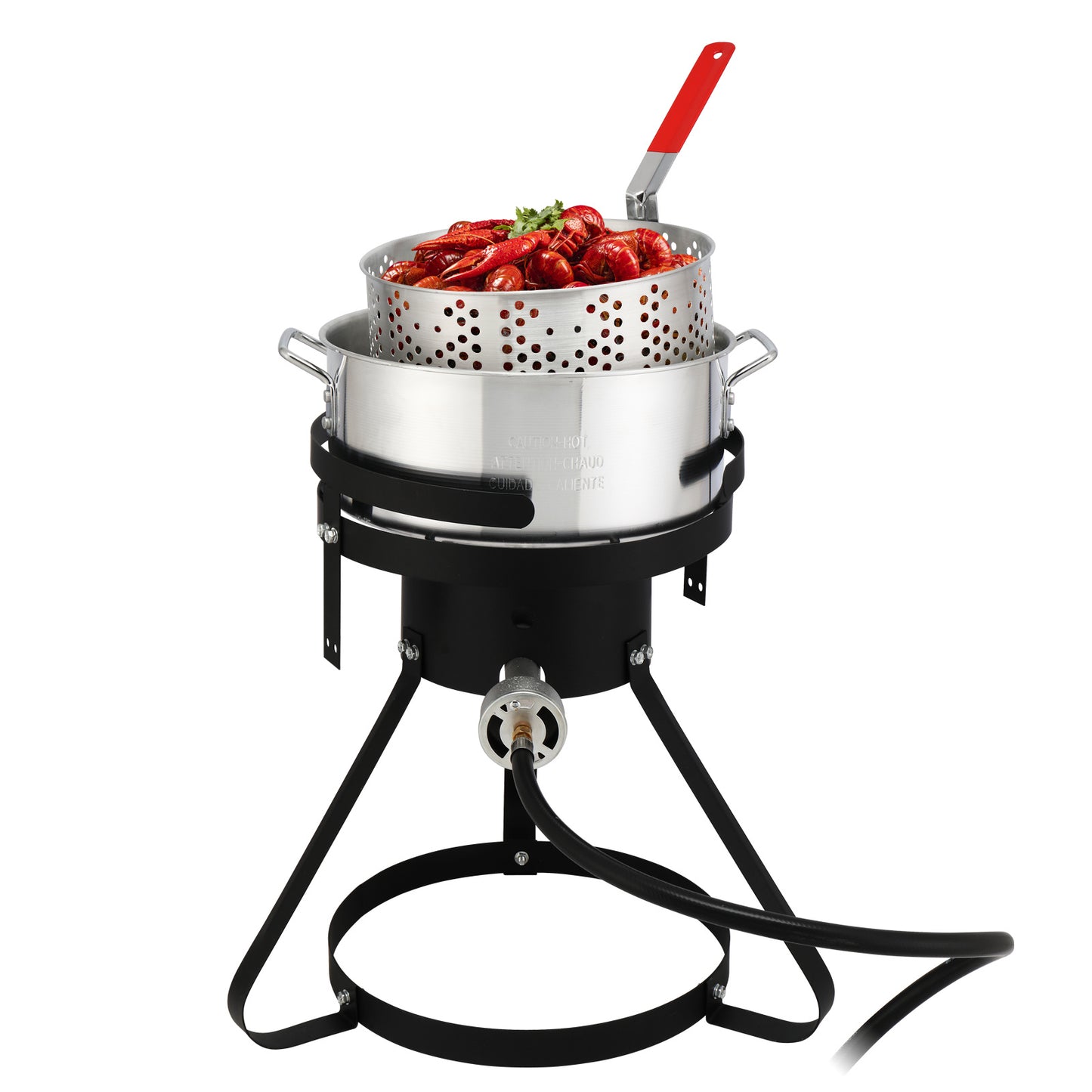 30QT Turkey Pot, 10QT Fish Pot, Four Piece Set, Black Circular Iron Frame, Silver Aluminum Pot, Gas Fryer