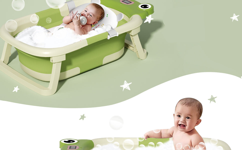 Collapsible Baby Bathtub , Foldable Baby Bath Tub With Soft Floating Cushion & Thermometer , Collapsible Portable Travel Baby Bath Tub With NoSlip Feets, Green