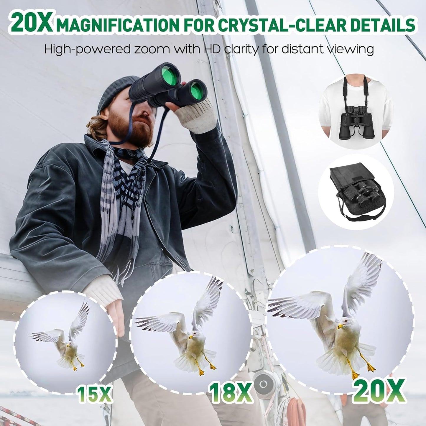 20x50 High Powered Binoculars For Adults, Waterproof Compact Binoculars With Low Light Vision For Bird Watching Hunting Football Games Travel Stargazing Cruise With Carrying Bag
