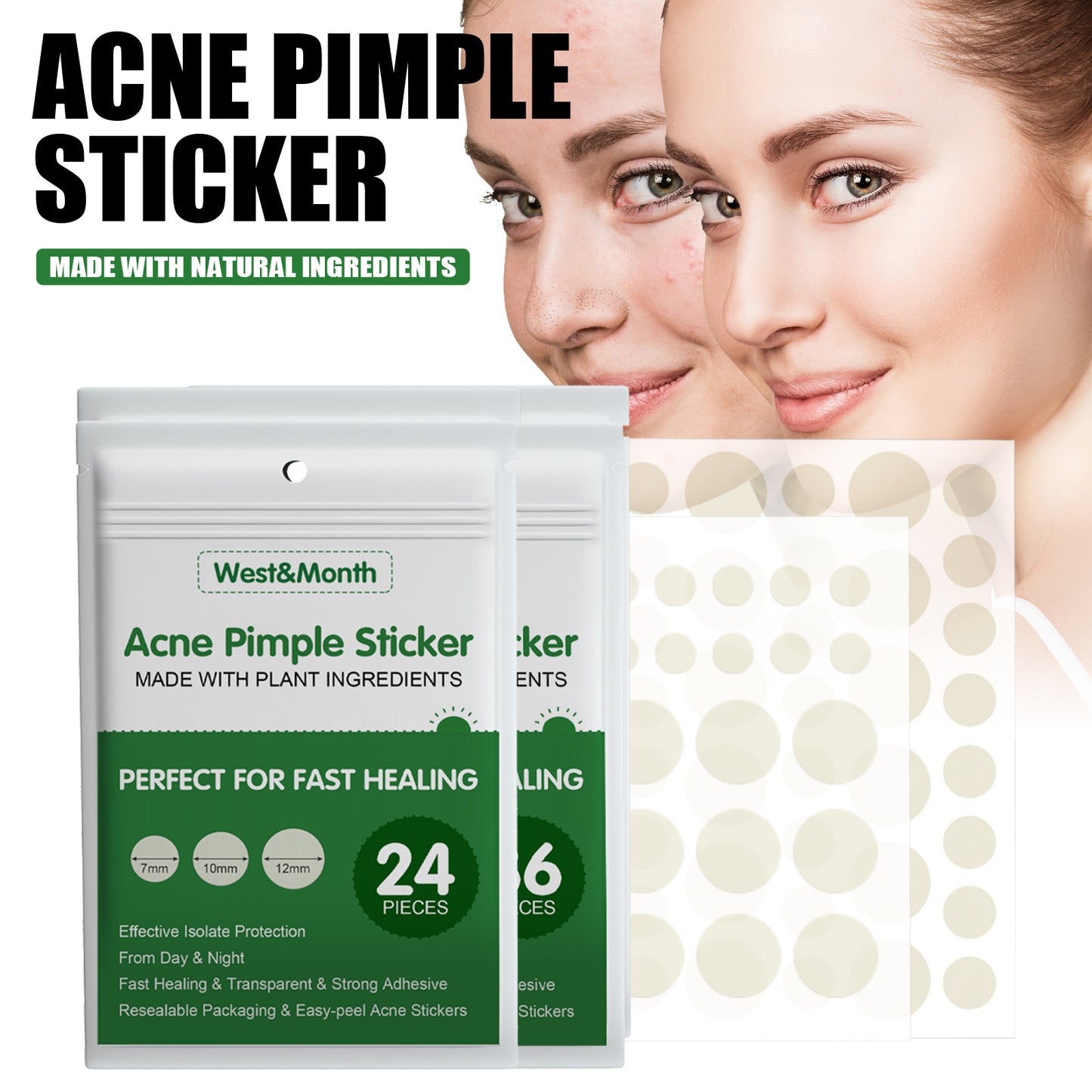 West&Month Hydrocolloid Acne Patch 36PCS Invisible Makeup, Artificial Skin Care, Essential Oils, Waterproof Concealer, Breathable Acne Patch