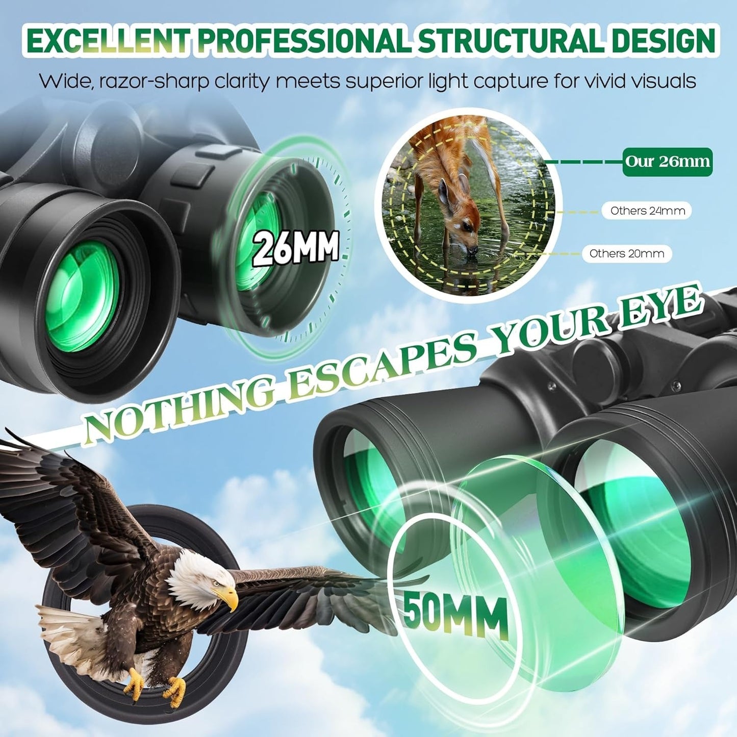 20x50 High Powered Binoculars For Adults, Waterproof Compact Binoculars With Low Light Vision For Bird Watching Hunting Football Games Travel Stargazing Cruise With Carrying Bag