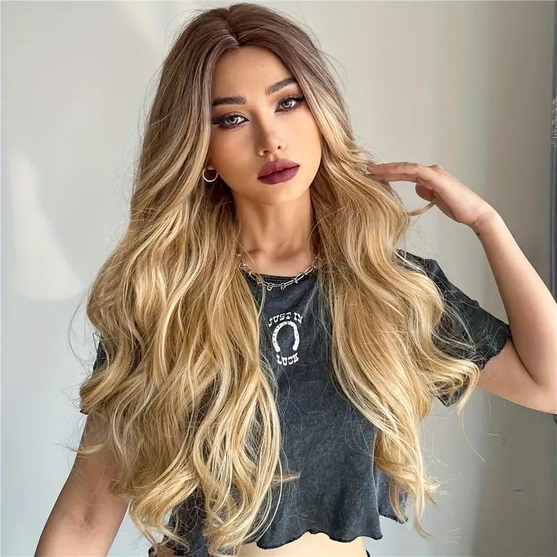 26 inch long ash blonde wig with bangs, natural wavy hair - perfect for everyday wear, middle part style bald women hair loss women