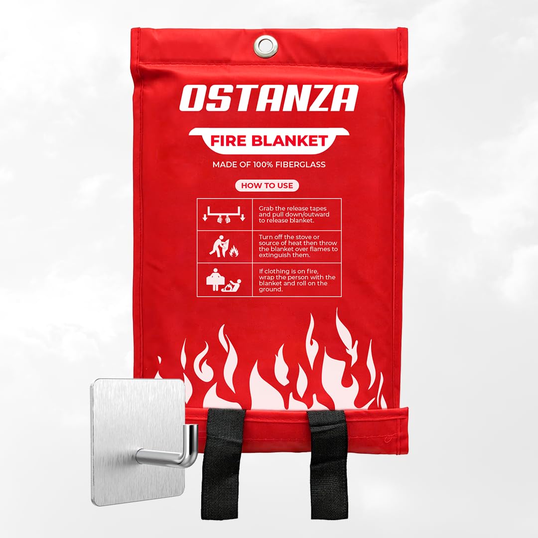 Ostanza Emergency Fire Blanket | Pack of 1 Fire Blanket Emergency for Home and Kitchen with Hook | 39" x 39" Fiberglass Emergency Blanket for Camping School Car Warehouse