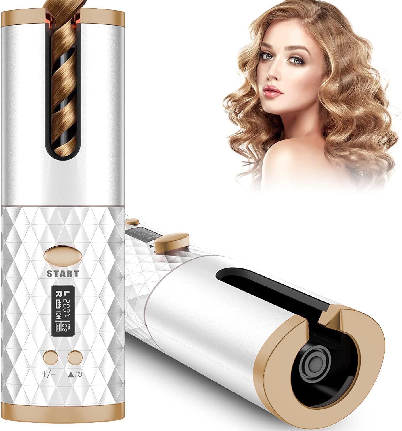 ポータブル自動ヘアアイロン、セラミック回転式コードレス自動カーリングアイロンワンド、ヘアスタイリング用ポータブルUSB充電式スピンカーラー