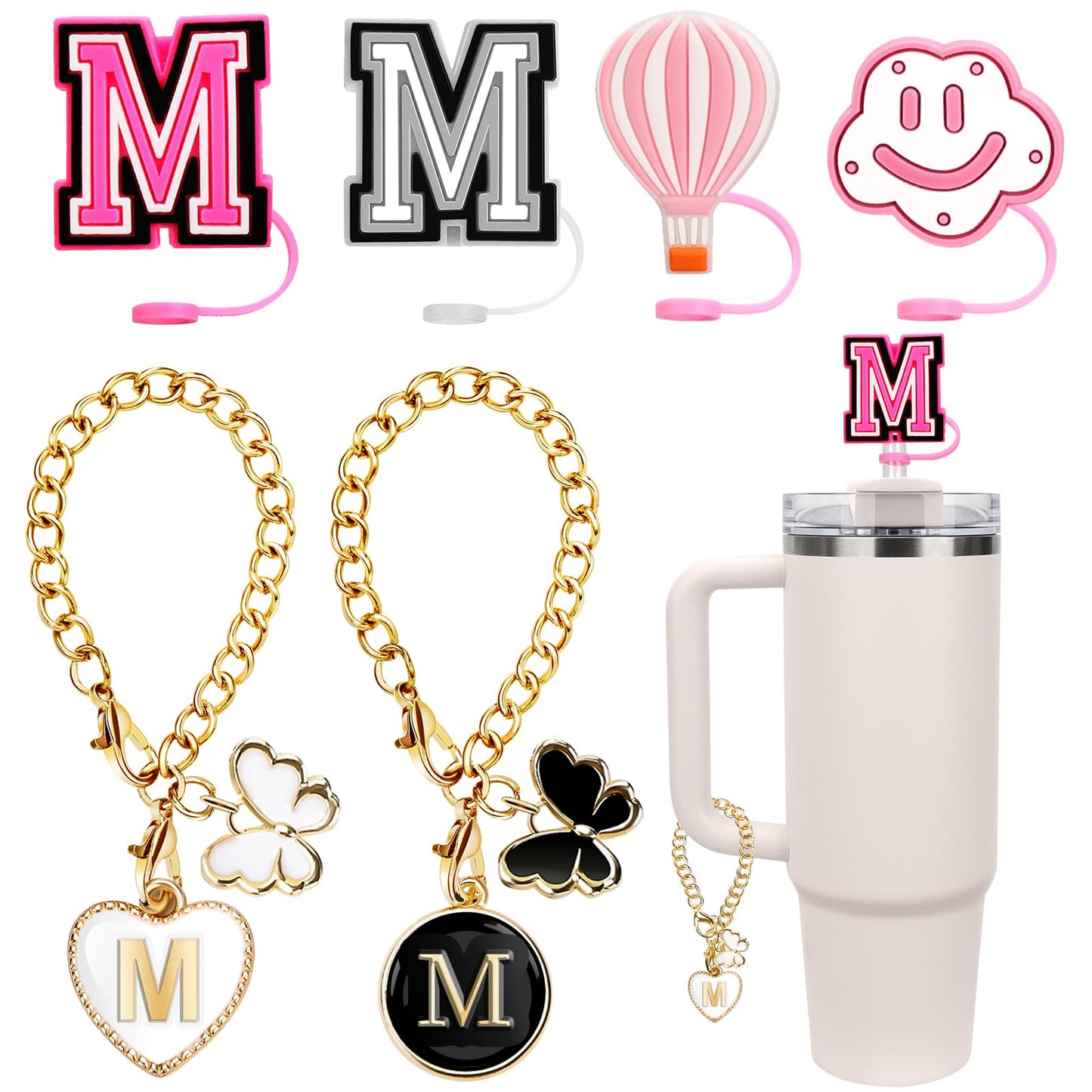 6PCS Compatible with Stanley Cup Accessories 4PCS 0.4"/10MM Straw Cover Cap for Stanley Cup and 2PCS Butterfly Letter Charms for Stanley Cups 30&40 Oz Straw Toppers for Stanley Cups (M)