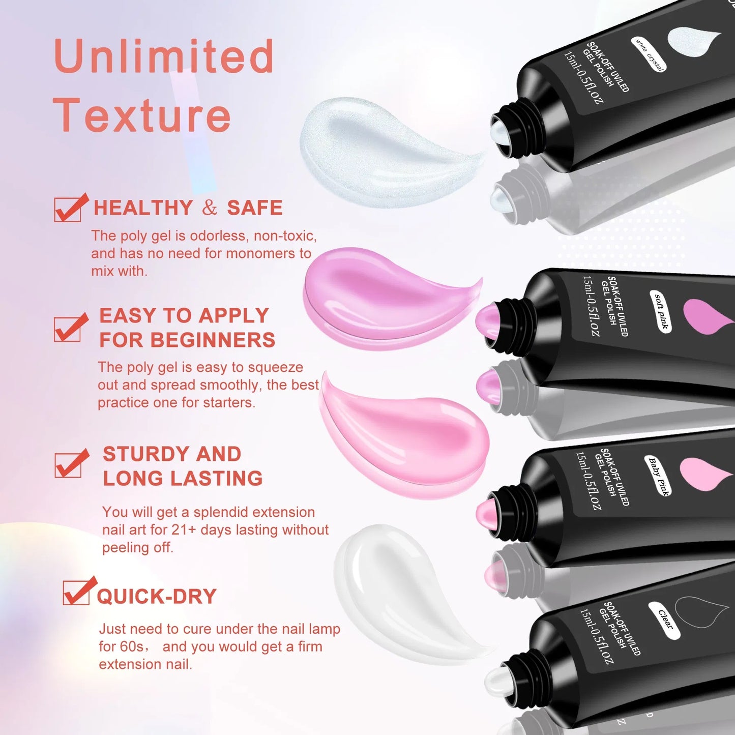 6 PCS Poly Gel Nail Kit With UV Lamp, Nail Brush And Nail Forms Top Base Coat Builder Nails Art Tools