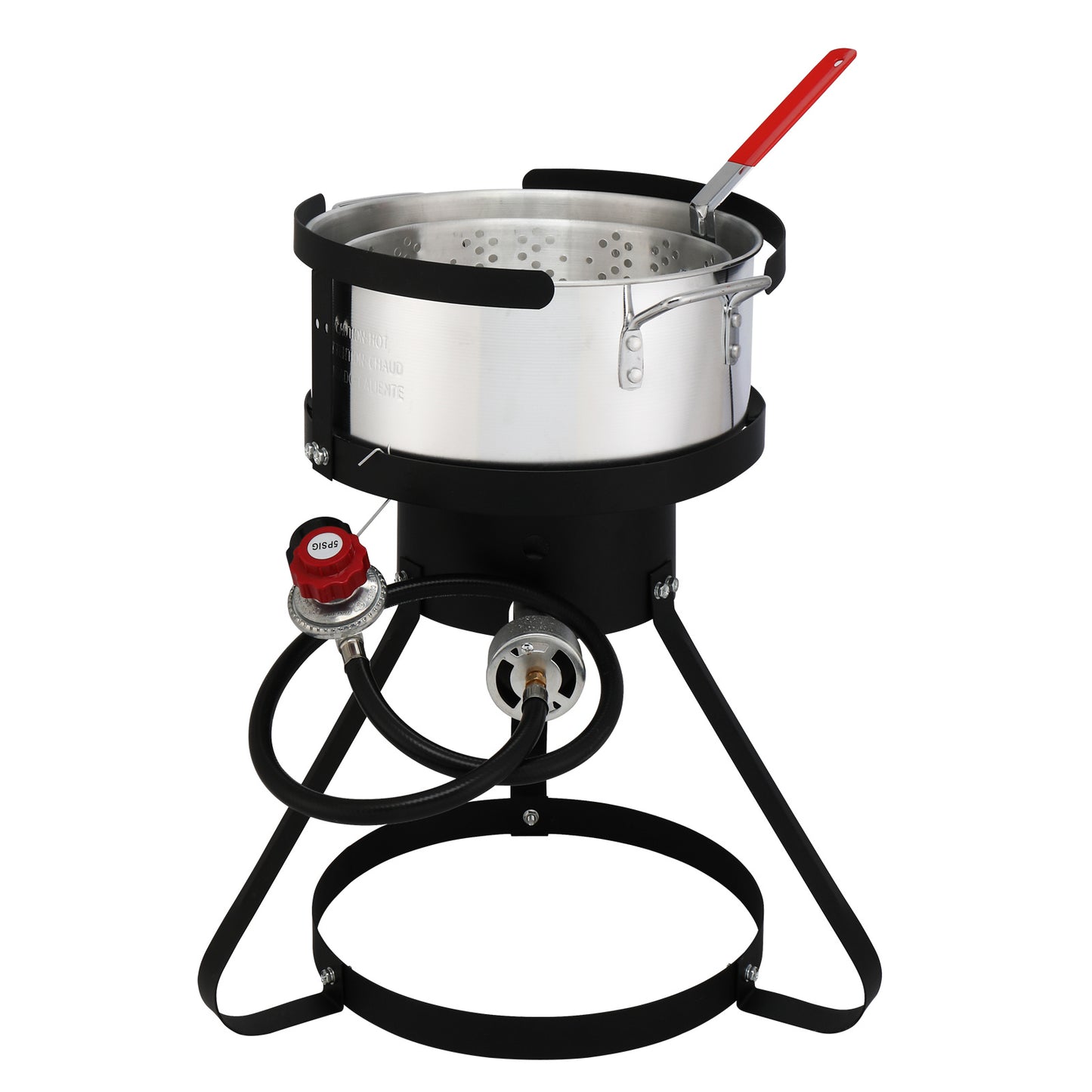 30QT Turkey Pot, 10QT Fish Pot, Four Piece Set, Black Circular Iron Frame, Silver Aluminum Pot, Gas Fryer