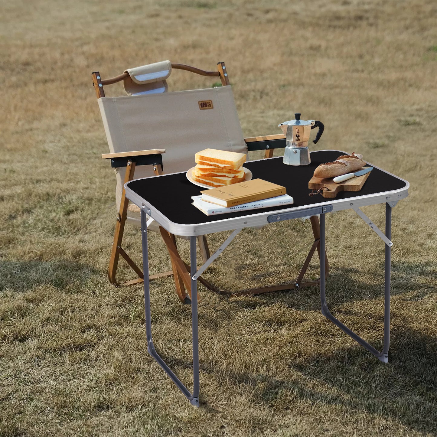2.3ft Black Outdoor Folding Table Aluminum Alloy Rectangular 50kg Folding Tabletop