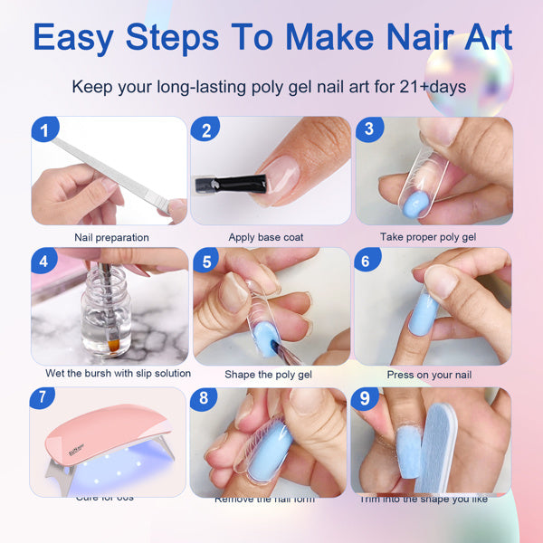 6 PCS Polygel Nail Kits With UV Light, Sliding Solution, Top Primer, Builder Nail Art Tools