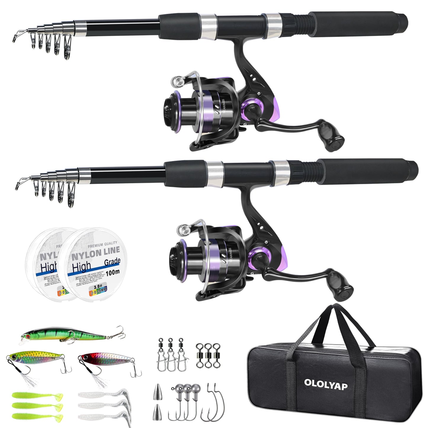 OLOLYAP 釣り竿コンボ 6.89フィート/2.1m 2PCS 伸縮式釣り竿とアルミニウムリールコンボ ルアーセット 釣り糸キャリアバッグ 海水・淡水用ロッドリールキット (パープル 6.89フィート)