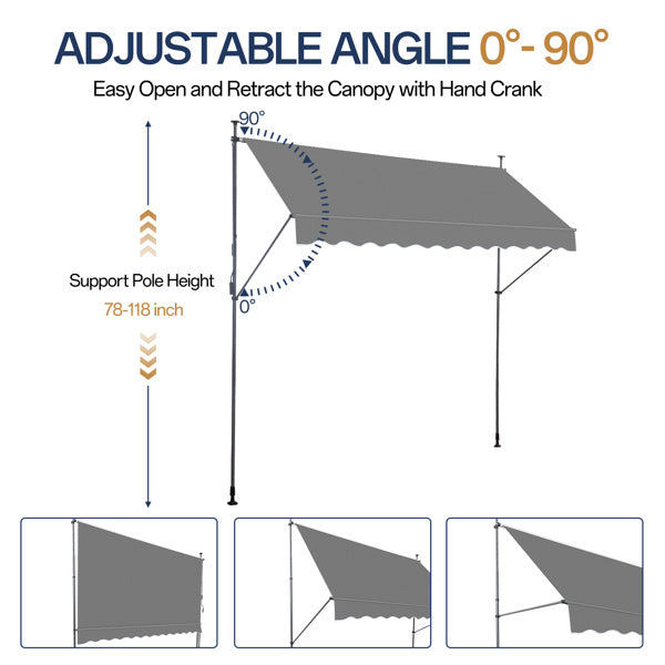 300x120x200-300cm, Grey, Support Canopy, Polyester Fabric, Aluminum-iron Frame, Retractable