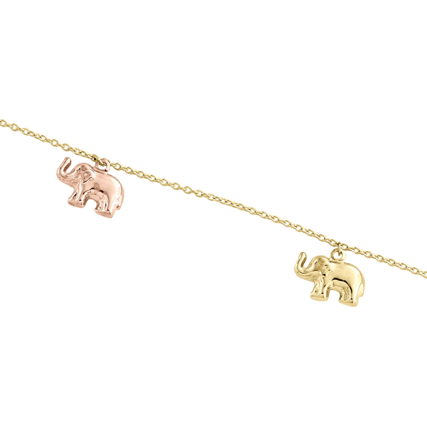 14K Tri-Color Gold Fancy Rolo Link Chain 10mm Elephant Charm Anklet 9"+ 1" Ext.