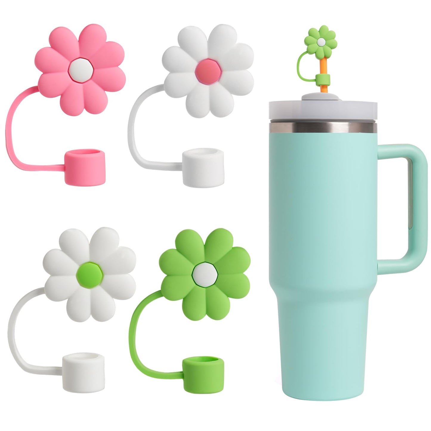 SaineeyCN 4 Pcs Stanley Straw Cover 0.4 In/10mm Cute Cartoon Dust Proof Stanley Straw Topper Compatible with 30&40 Oz Stanley Cups (Mix Flower)