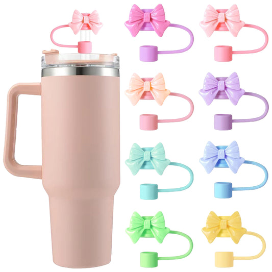 SEMATA 8PCS Straw Covers Bow Straw Toppers for Stanley Cups 30&40 Oz Tumbler Accessories Silicone Straw Caps Dust-Proof Reusable Straw Tips Protectors for Stanley Cup 10mm 0.4in Straws