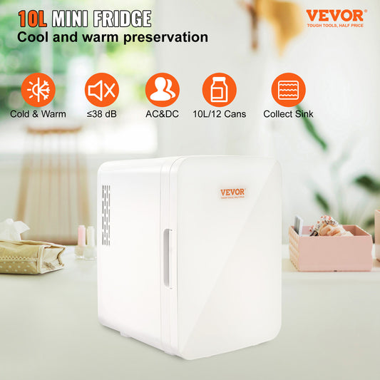 Vevor Mini Fridge,10L 12 Can Luxury Skin Care Refrigerator,  Small Beverage Fridges For Bedroom Office Dorm Car Travel,  AC DC Cooler & Heat For Foods, Drink, Breast Milk Storage & Chill, White