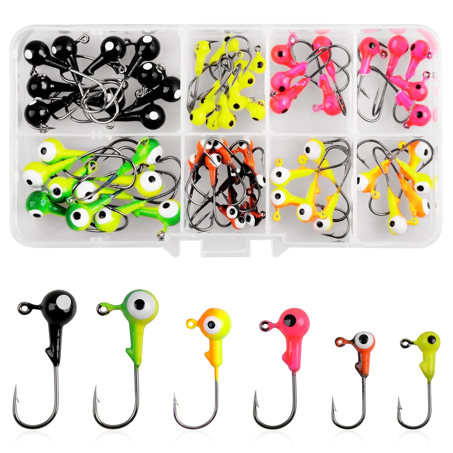 AGOOL Fishing Jig Heads Hooks Kit 35/60pcs Fishing Lures Jig Heads with Ball Head Crappie Jig Heads Fishing Jig Hooks for Bass Trout Soft Worm Shrimp Lures Freshwater Saltwater