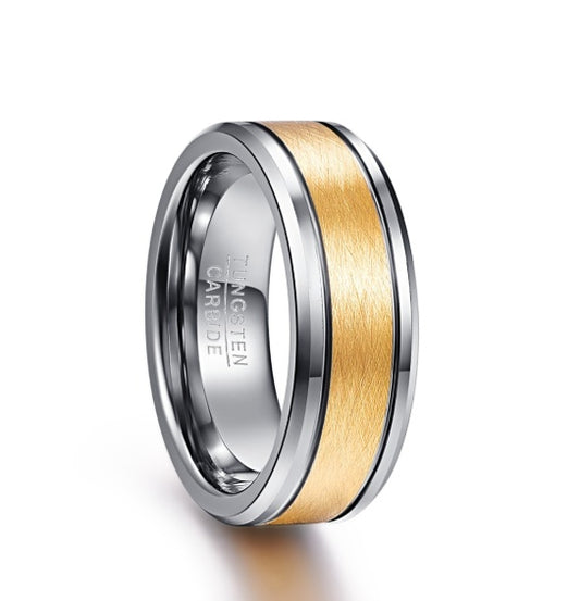 メンズ 8mm ゴールドカラー つや消しセンター 2本溝 タングステンカーバイド 結婚指輪 面取りエッジ