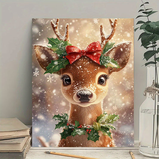 1 Christmas Reindeer Wall Decoration With Red Bow And Snowflakes - Woven Wooden Frame Canvas, Suitable For Wedding, New Year, Thanksgiving, And Valentine's Day Festive Decoration