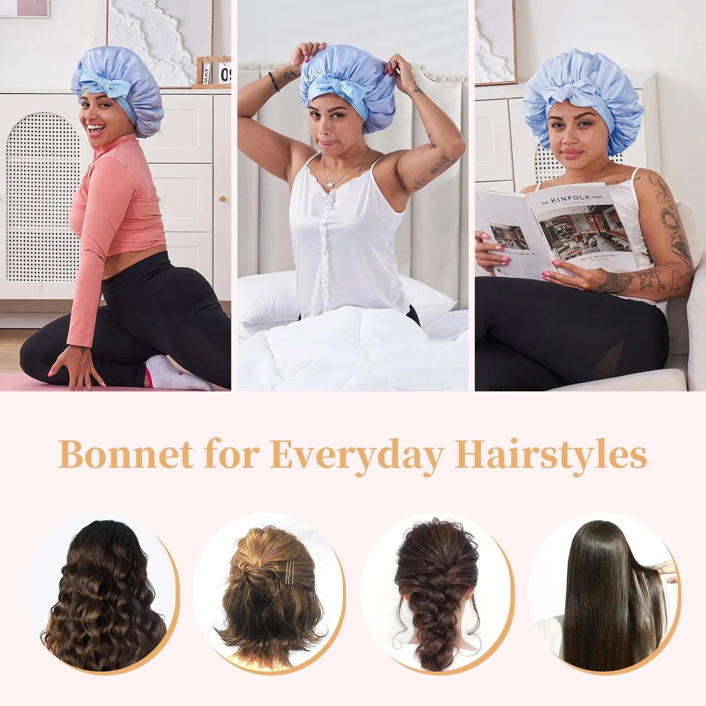 就寝用シルクボンネット（女性用）、就寝用サテンヘアボンネット（ウェーブ・カーリー・天然髪の男女兼用） - ブルー