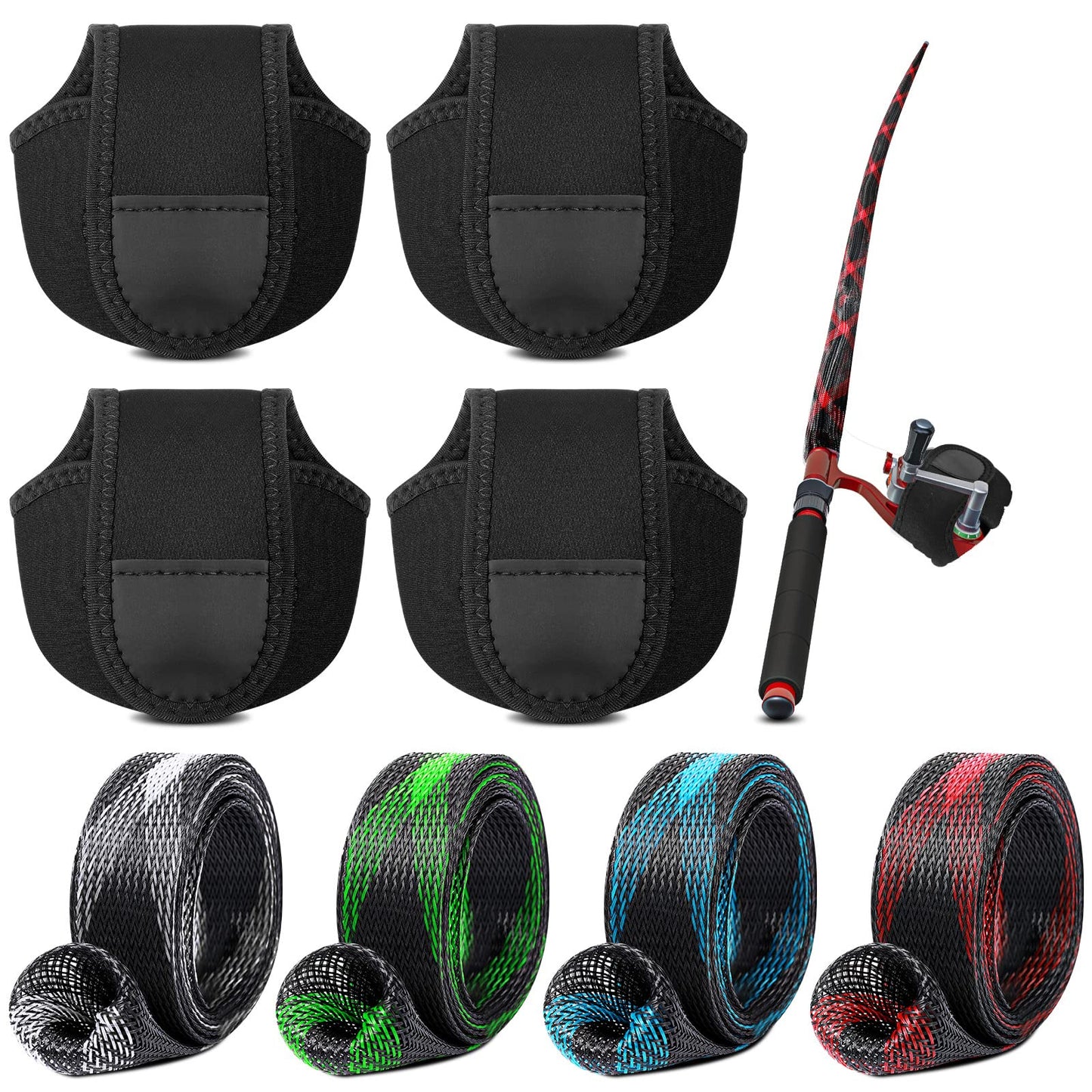 Sratte 8 Pack Fishing Rod Sleeves Reel Bags Casting Rod Socks Reel Cover Protective Fishing Reel Case Braided Mesh Rod Protector Reel Pouch for Bait Casting Sea Fly Ice(for S Size Water Drop Wheel)