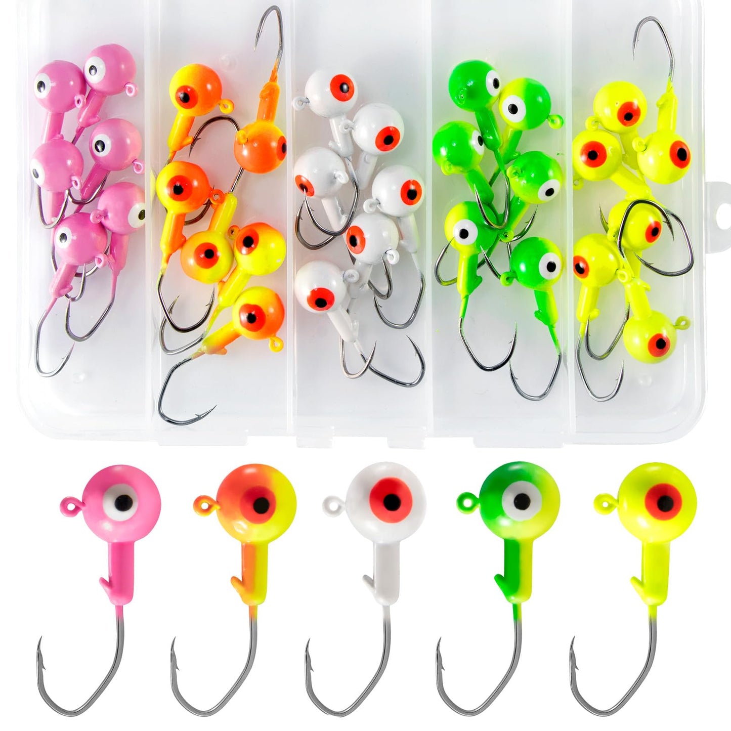 Alwonder 30-Pack Fishing Jig Heads Round Ball Crappie Jig Head with 3D Eyes 1/32oz Jigs Heads for Bass Fishing Trout Crappie Perch Bluegill Walleye Live Soft Bait Assorted Size Jigs Hooks