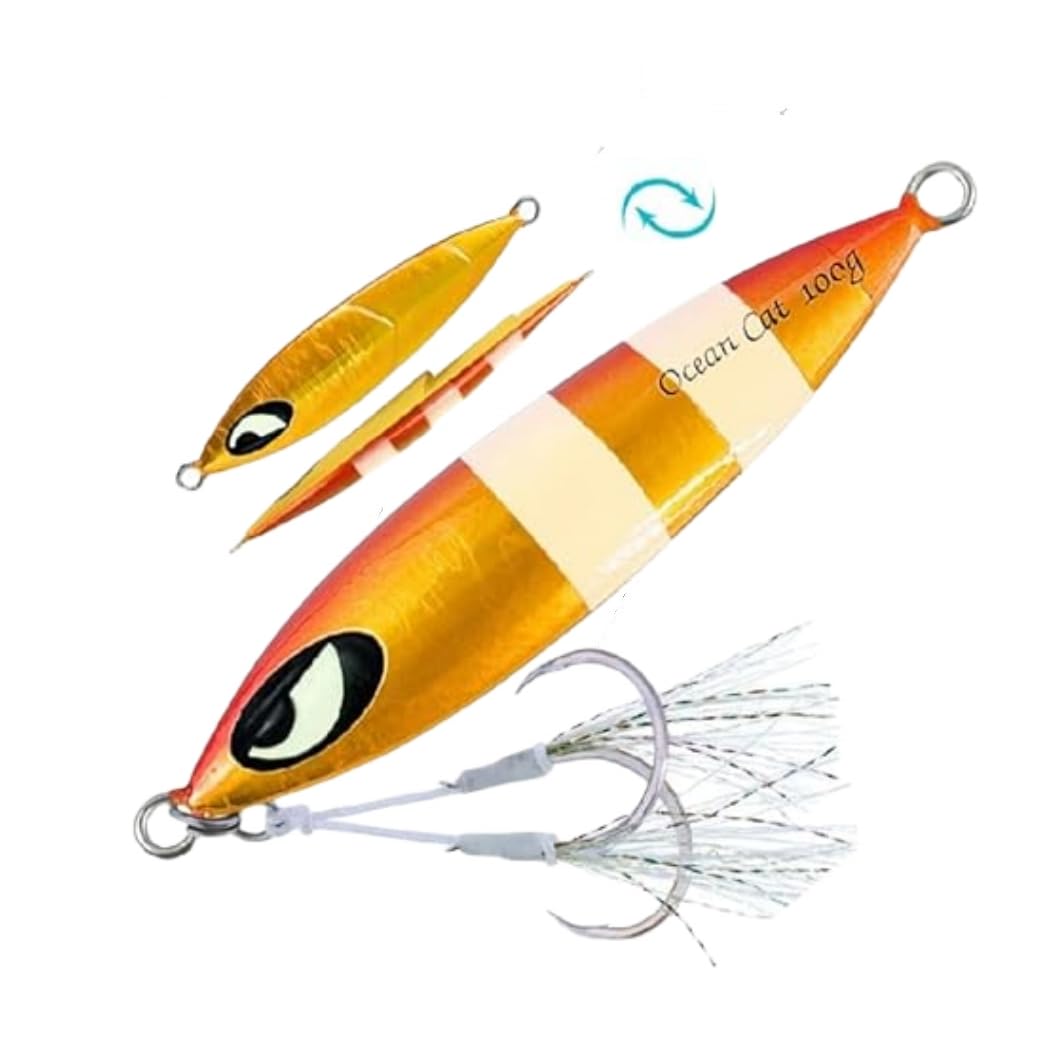 Slow Pitch Jig Flat Fall Jigs Saltwater Fishing Jig Vertical Baits with Glow Jig Hooks (#001：Red & Gold 150g)