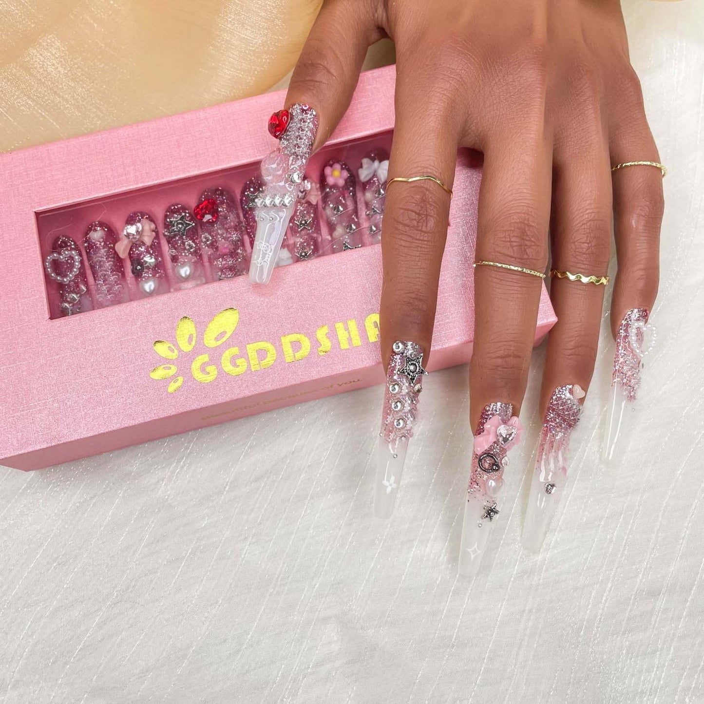 Gddsha 2025 10PCS Long Novel Design And Reusable Handmade Nails 10PCS Pmma Acrylic Nails Press OnNails Kit With Box Gifts For Women,Pink Mirage
