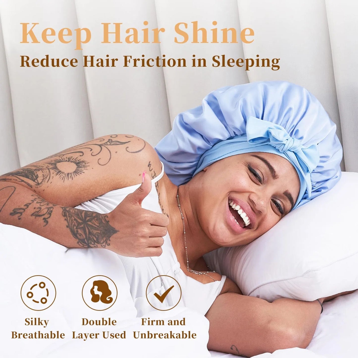 就寝用シルクボンネット（女性用）、就寝用サテンヘアボンネット（ウェーブ・カーリー・天然髪の男女兼用） - ブルー