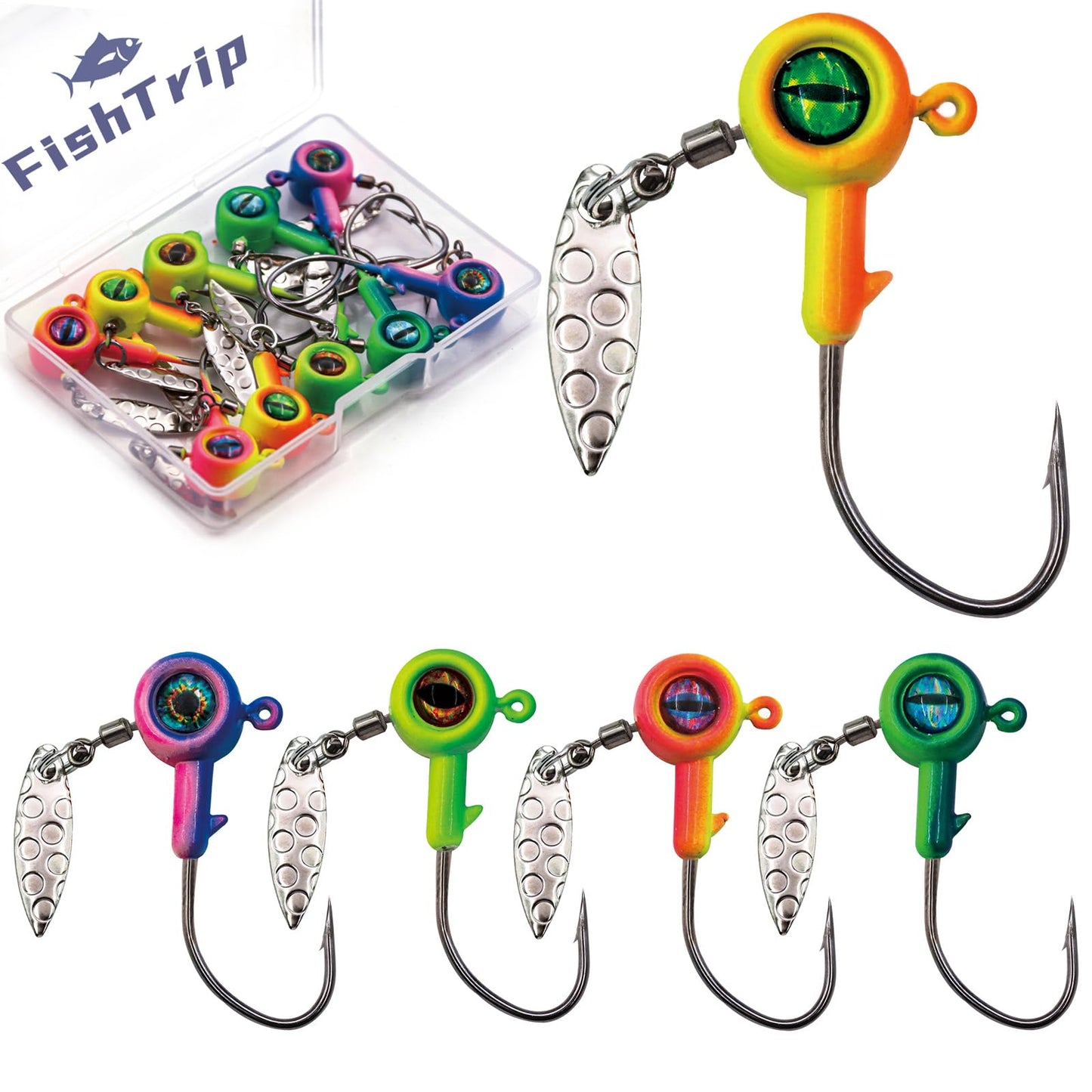 FishTrip Jig Heads Hooks with Spinner - 10Pcs Underspin Crappie Fishing Jighead with Willow Blade for Saltwater Freshwater 1/16oz1/8oz3/16oz1/4oz