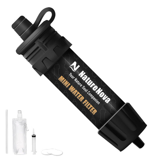 Mini Water Filter NatureNova Portable Emergency Water Filtration System Hiking Camping Straw Survival Gear Emergency Preparedness（Black 1 Pack)