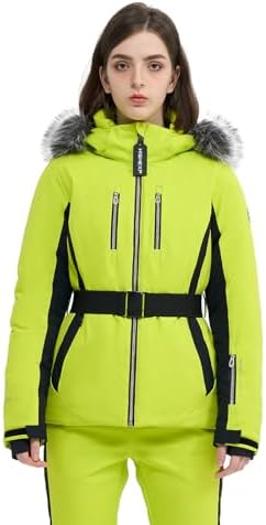 Womens Ski Jacket Fitted Snow Coat with Belted Fur Hood