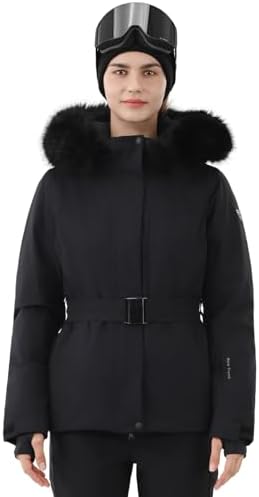 Womens Ski Jacket Fitted Belted Snow Coat with Fur Hood