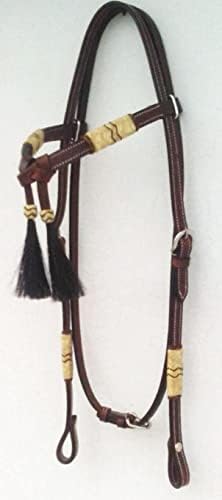 Western Horse Headstall Pony Size – Adjustable Hand Braided Genuine Leather Bridle with Brown Rawhide Knotting Futurity Knot Black Color Hair Tassels, Western Riding Tack, Dark Brown (Pony Size)