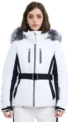 Womens Ski Jacket Fitted Snow Coat with Belted Fur Hood
