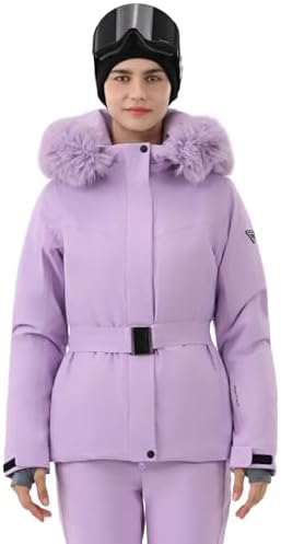 Womens Ski Jacket Fitted Belted Snow Coat with Fur Hood