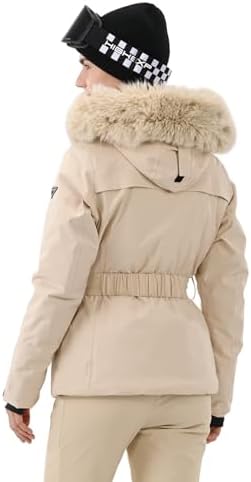 Womens Ski Jacket Fitted Belted Snow Coat with Fur Hood