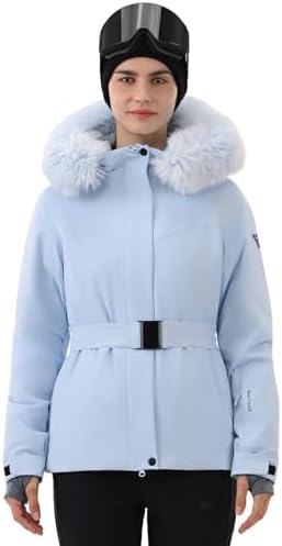 Womens Ski Jacket Fitted Belted Snow Coat with Fur Hood