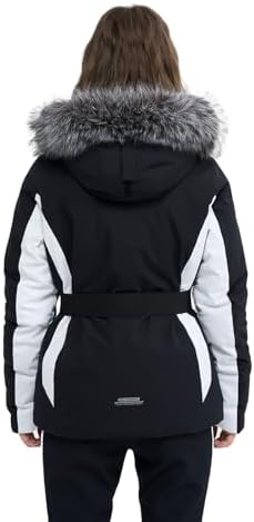 Womens Ski Jacket Fitted Snow Coat with Belted Fur Hood