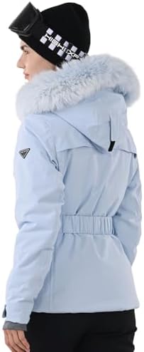 Womens Ski Jacket Fitted Belted Snow Coat with Fur Hood