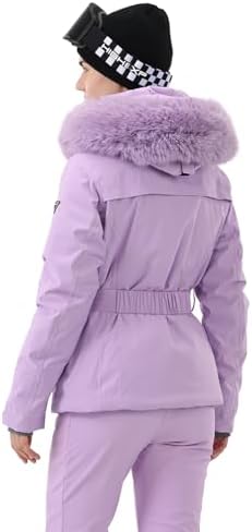 Womens Ski Jacket Fitted Belted Snow Coat with Fur Hood