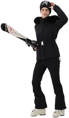 Womens Ski Jacket Fitted Belted Snow Coat with Fur Hood