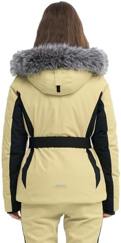 Womens Ski Jacket Fitted Snow Coat with Belted Fur Hood