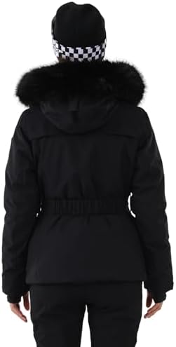 Womens Ski Jacket Fitted Belted Snow Coat with Fur Hood
