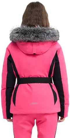 Womens Ski Jacket Fitted Snow Coat with Belted Fur Hood