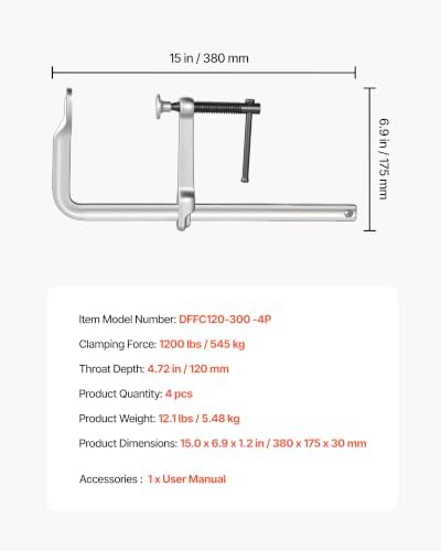 VEVOR Bar Clamps for Woodworking, 4-Pack, 12" Opening, 4.72 in Throat Depth, 1200 lbs Load Limit, Sturdy Steel Forging and Casting, with Swivel Jaw and T-Handle, for Wood Working and Metal Working