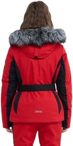 Womens Ski Jacket Fitted Snow Coat with Belted Fur Hood