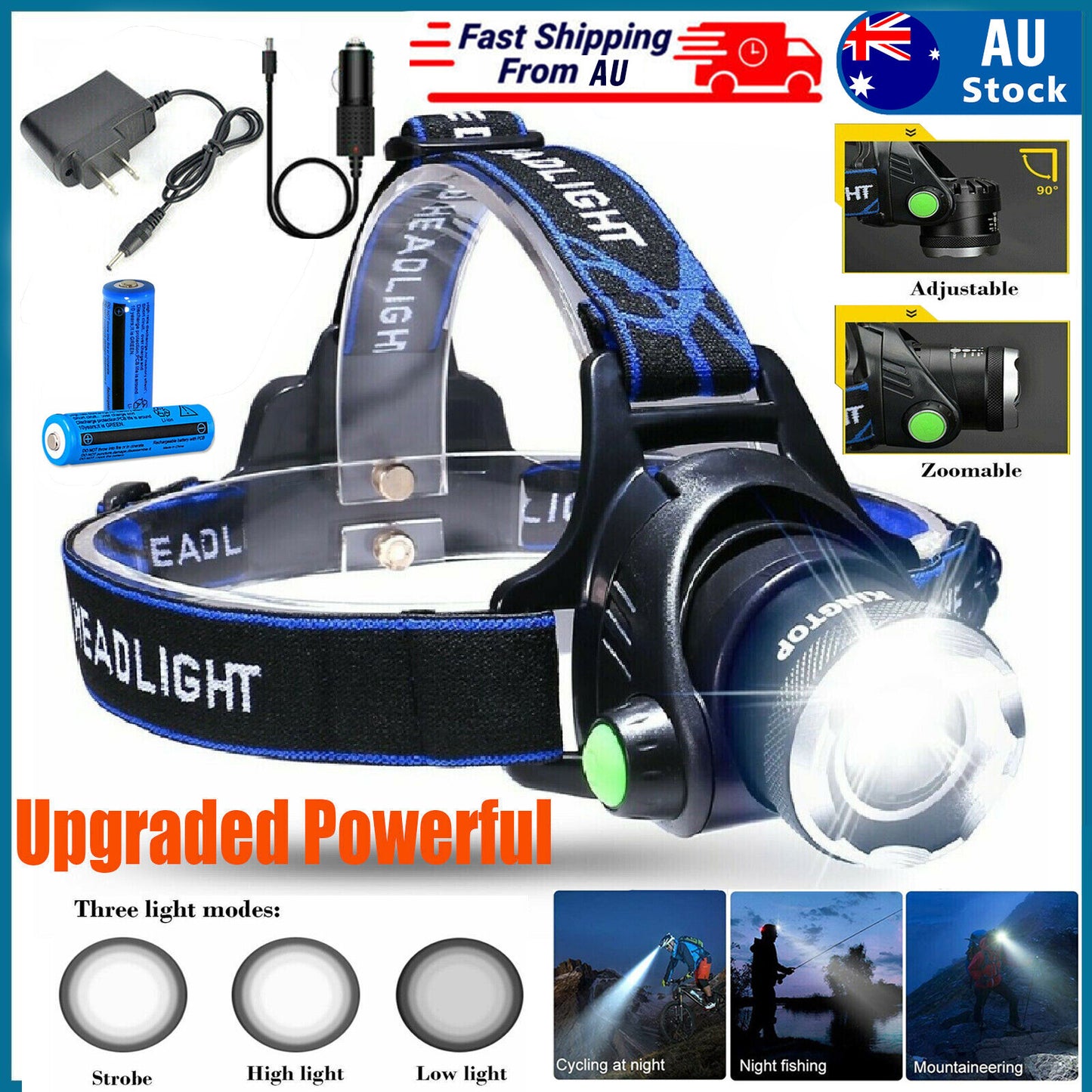 LED Headlamp Rechargeable Head Torch Zoom Headlight Lamp Powerful Flashlight Fishling Driving Camping Light With 3 Modes 2 Batteries 2 Charger